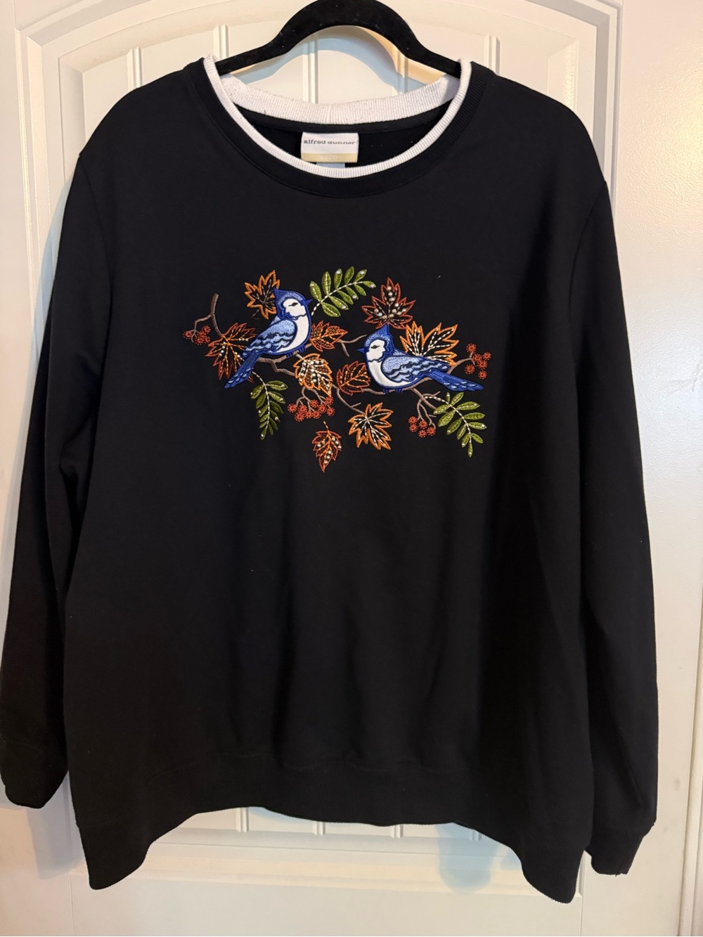 Alfred Dunner Black Crewneck Sweatshirt with Blue Bird Embroidery